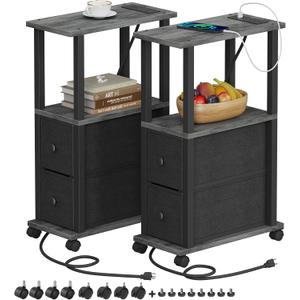 TUTOTAK Small Narrow End Tables, Side Tables with 2 Fabric Drawers, Set of 2, Bedside Tables with Charging Station for Small Spaces, Slim Nightstands with USB Ports and Wheels, TB01BY053 (Charcoal Grey)