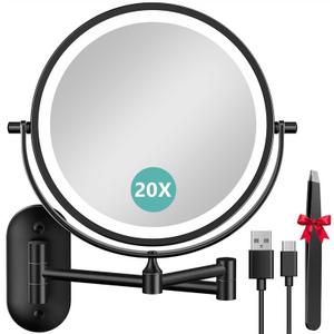 Auxmir 8'' Wall Mounted Lighted Makeup Mirror, 3200mAh Rechargeable Double-Sided 1X/20X Magnifying Mirror with Light, Touch Dimmable 3 Color Light, 360 Rotation Foldable Extended Arm, Black