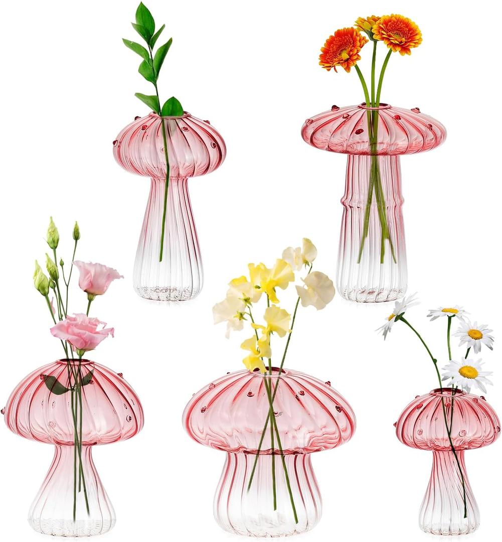 Hewory Glass Mushroom Vase for Flowers, 5pcs Pink Small Bud Flower Vases Unique, Mushroom Propagation Hydroponic Vases, Funky Cottagecore Decor for Home Room Kitchen Office Windowsill Decorations