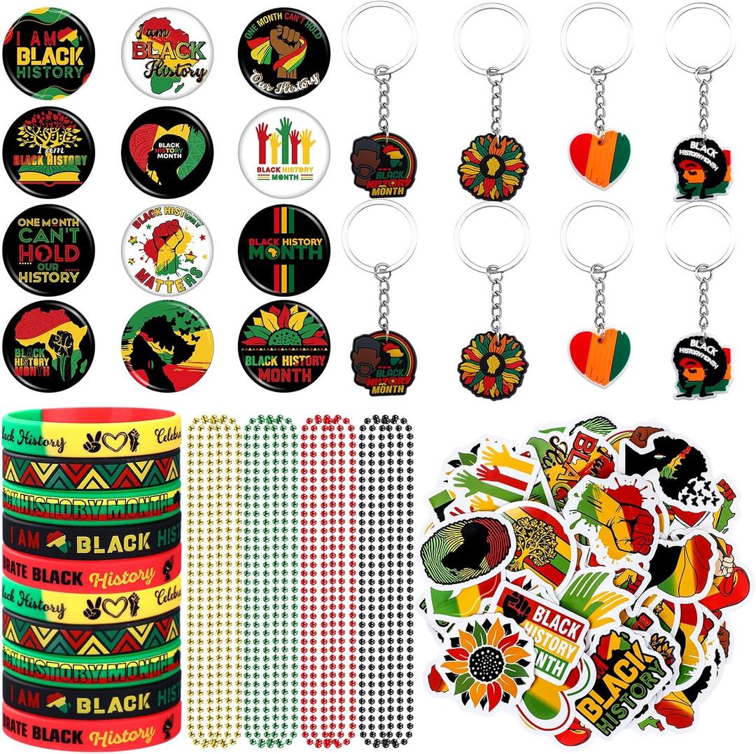 Blosssound 98 Pcs Black History Month Decorations Prizes Black History Gifts Set with Bulk Keychain Rubber Bracelet Bead Necklace Sticker Button Pin for Afro African American Party Favors Supplies