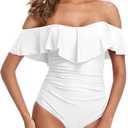 ZINPRETTY Womens Retro One Piece Bathing Suit Tummy Control Off Shoulder Swimsuit Flounce Ruffled Monokini Full Coverage (Large)