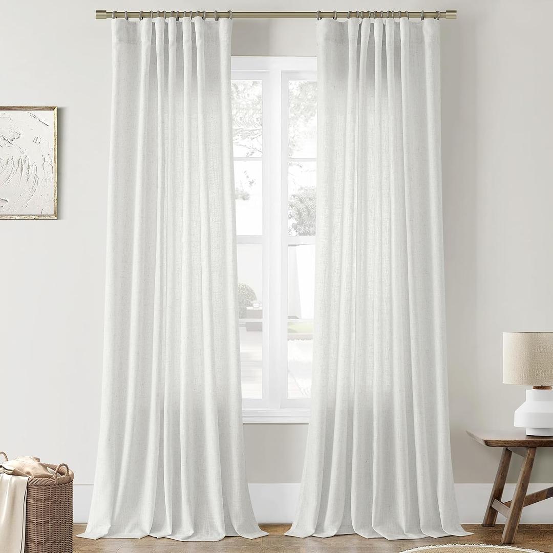 Joywell White Linen Curtains 90 Inches Length Long Rod Pocket/Back Tab/Hook Belt/Clip Rings Semi Sheer Window Curtains Farmhouse Linen Drapes for Bedroom Living Room 2 Panels Set,52x90,Off White
