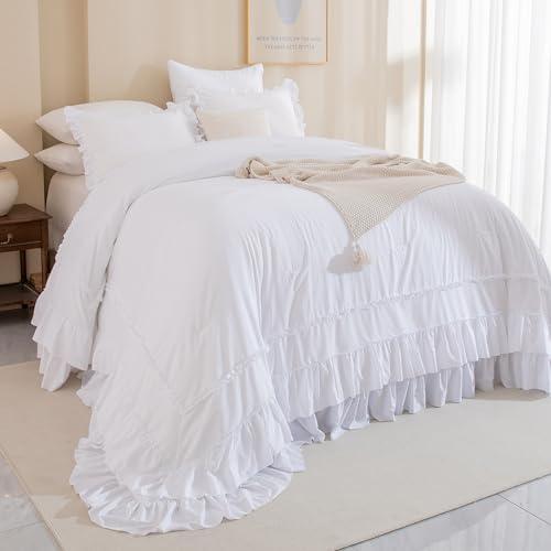 Masaca White Oversized King Comforter 120x98,Farmhouse Shabby Boho Chic Ruffle California King Comforter Set 3 Pieces French Country Rustic Bedding (1 Ruffled Comforter+2 Pillow Shams)