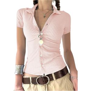 SweatyRocks Women's Summer Striped Top Button Down Slim Fit Shirts Short Sleeve Tee Shirt (Pink, L)