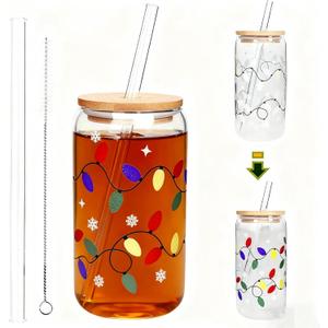 2 x 1 Pc Color Changing Christmas Cup with Lid, 18 Oz Christmas Gifts Cute Glass Cups, Coffee Cups Drinking Glasses Reusable Travel Coffee Mug for Xmas Party Gift