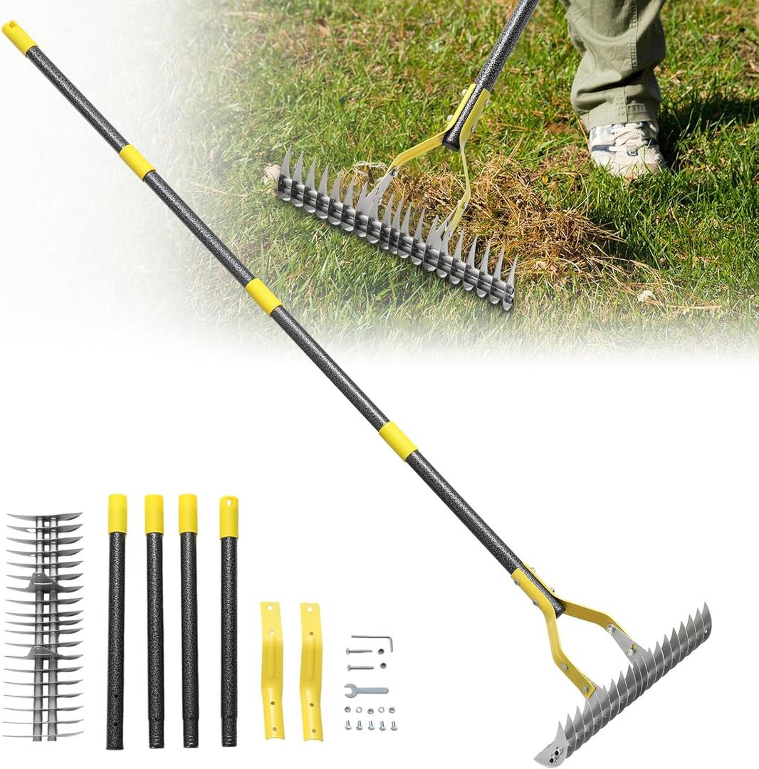 Thatch Rake, 55 inch Heavy Duty Dethatcher Rake Adjustable Dethatching for Loosening Soil Gathering for Leaves Leveling Lawn Farming Land Cleaning Dead Grass Yard Garden