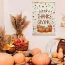 Happy Thanksgiving Hanging Flag  Fall Farmhouse Wall Decor with Pumpkins & Autumn Leaves, Rustic Linen Wall Flag with Wooden Frame for Holiday Dining Room Kitchen 12x17 Inches(175)