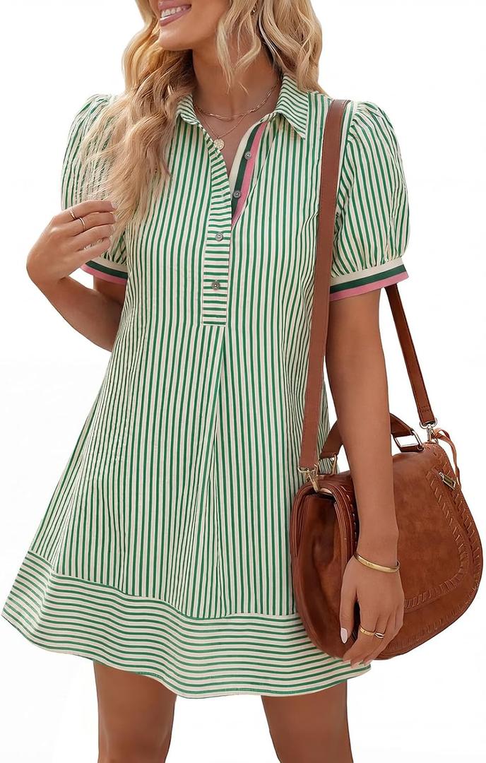 Wenrine Womens Summer Striped Short Sleeve Casual Button Shirt Mini Dresses Small, Green