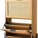 VEVOR Rattan Shoe Cabinet, Narrow Shoe Storage Organizer with 2 Flip Rattan Drawers & 1 Slide Drawer, Metal Legs, Slim Shoe Entryway Cabinet Ideal for Entryway, Closet, Hallway, Light Wood Color