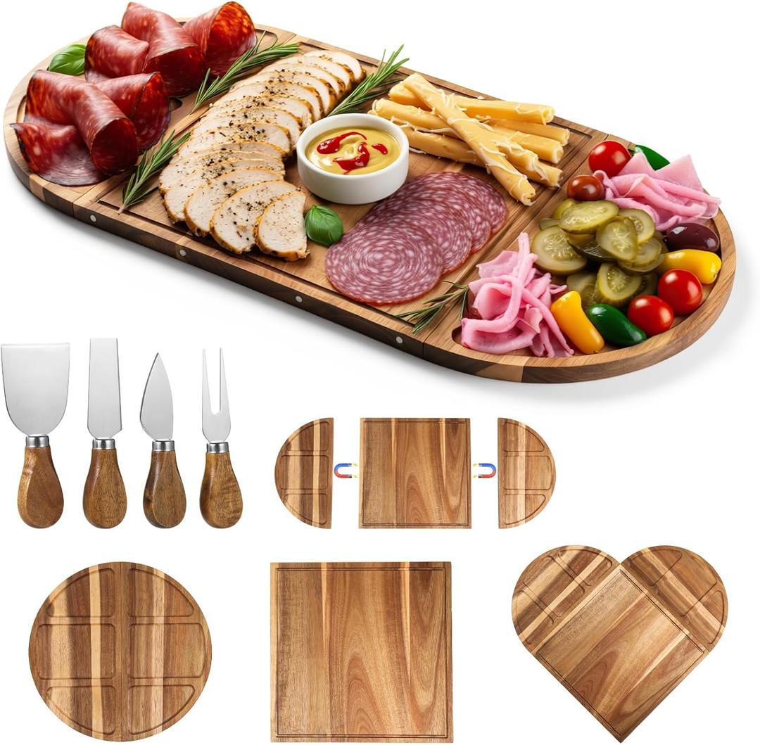26 Inch Large Acacia Wood Charcuterie Board Set with 4 Knives, 3-Piece Magnetic Cheese Board & Serving Tray for Entertaining, Wedding Gifts, Party Platters