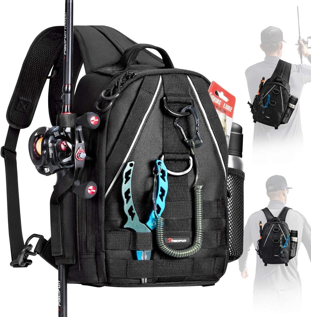 Piscifun Fishing Backpack with Rod Holder, Lightweight Sling Bag Storge Gear and Equipment