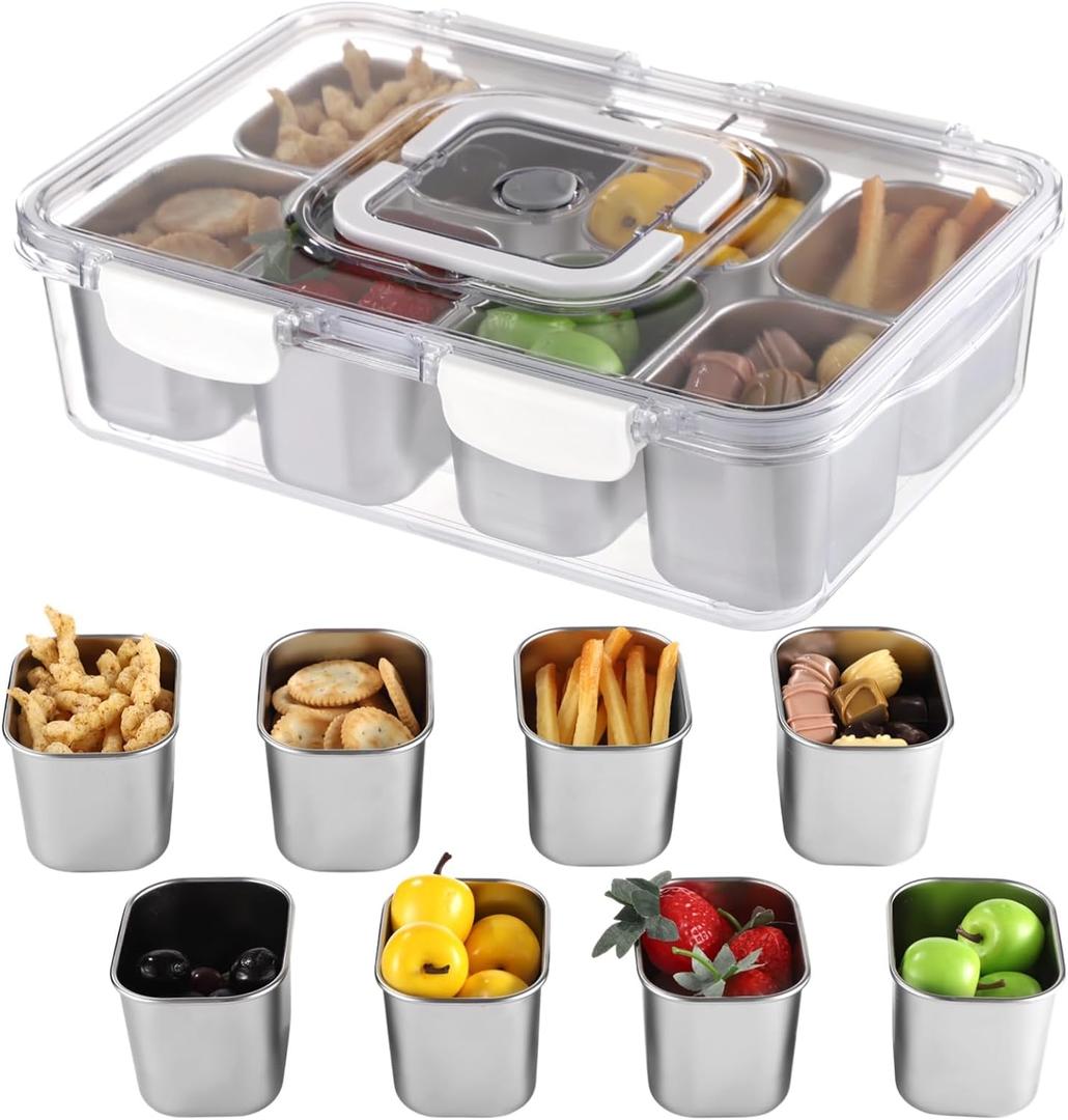 Snack Box Container with 8 Compartments, Stainless Steel Divided Serving Tray with Lid and Handle for Fruit Candy Parties Picnics, 4200 ml, Transparent Plastic Top