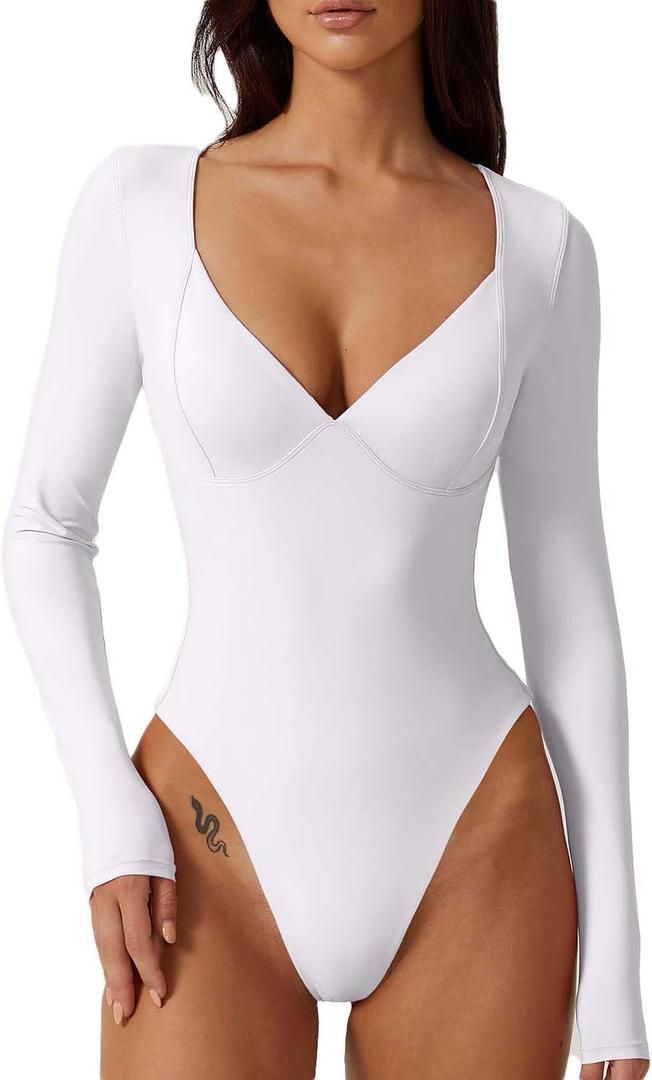 QINSEN White Long Sleeve Bodysuit for Women V Neck Seam Cup Body Suits Double Lined Stretch Shirts Tops (White, L)