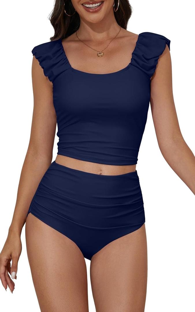 Eomenie Tankini Swimsuits for Women Ruched Tummy Control Bathing Suit Two Piece Swim Tank Top with High Waisted Bottom (Blue, M)