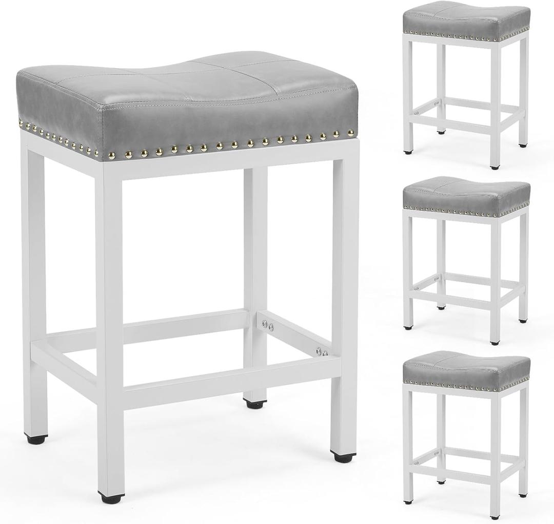 Sweetcrispy Bar Stools Set of 4, 24 Inch Counter Height Stools, PU Leather Upholstered Bar Chairs with Footrest, Modern Bar Stools for Kitchen Island, Dining, Living Room, Grey (White With Light Grey Cushion)