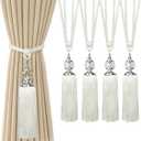 Curtain Tiebacks, 4 Pack Curtain Holdbacks Crystal Bead Tassel Curtain Tie Backs Rope Boho Outdoor Decorative Drape Tie Backs Holders, Beige White