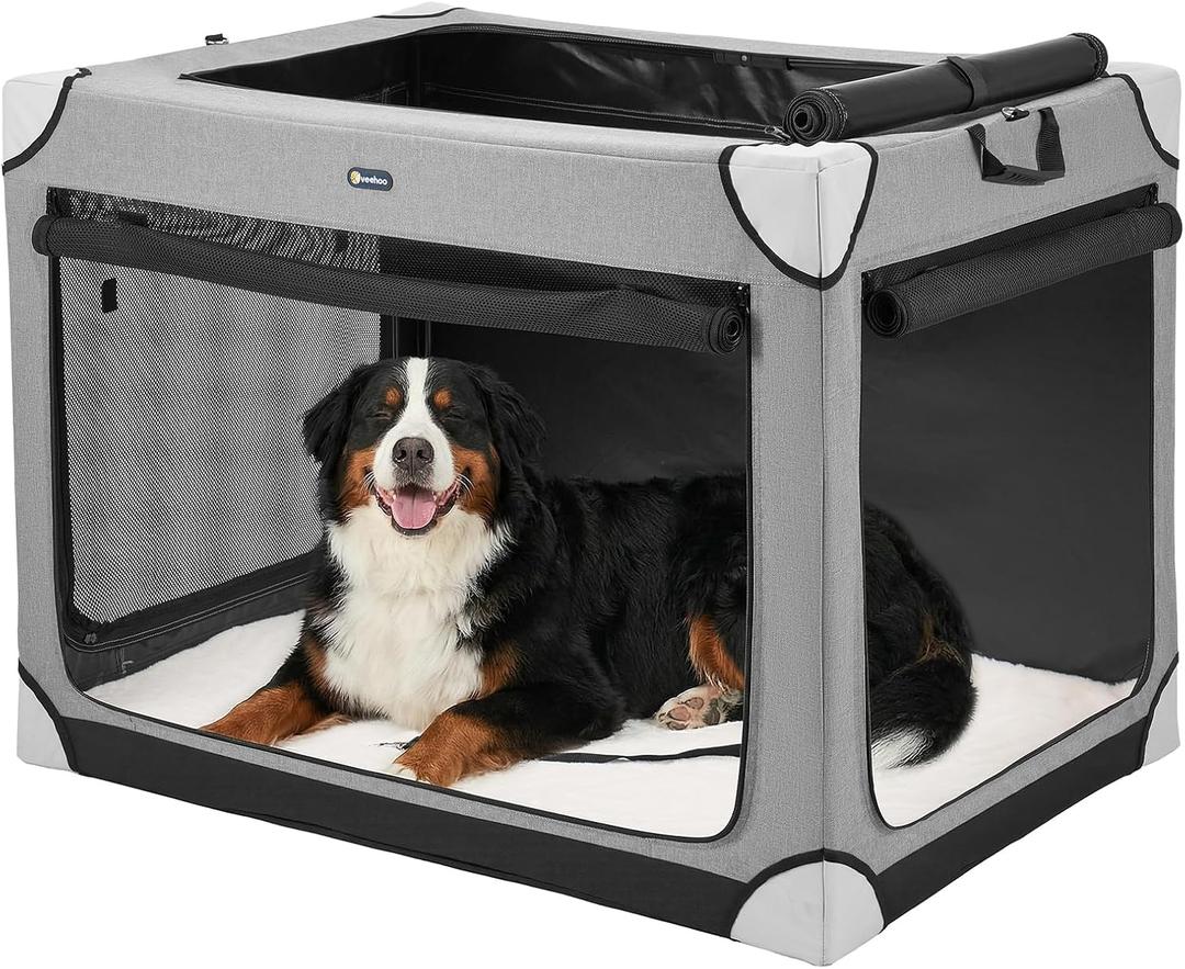 Veehoo Large Dog Crate for Indoor Outdoor, Portable Collapsible Travel Dogs Crate, 42 Inch Soft Foldable Pet Kennel with 4-Door Mesh Windows