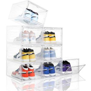 Attelite Clear Shoe Box, Plastic Stackable Shoe Storage Organizer with Magnetic Door,8 Pack Thicken Sturdy Drop Front Shoe Box,For Display Sneakers X Large