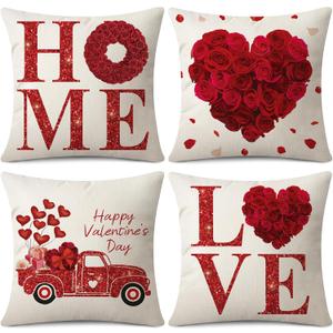 Valentine's Day Throw Pillow Covers 18x18 Inch Set of 4 Home Love Red Rose Heart Truck Valentine's Day Anniversary Wedding Cushion Case Decoration for Sofa Couch Living Room