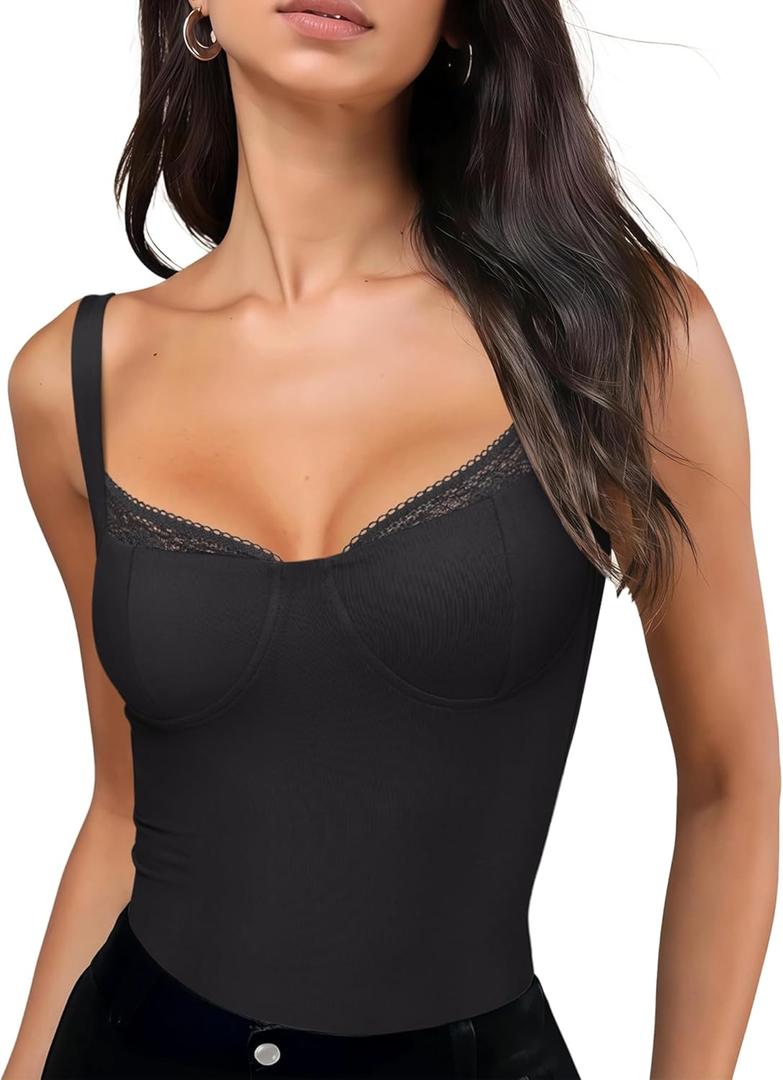 REORIA Lace Trim Tank Top Bodysuit for Women Sleeveless Square Neck Sexy Thong Bodysuit Going Out Bustier Holiday Club Tops (Small, Black)