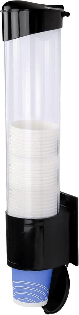 Cup Dispenser, Water Cooler Pull Type Cup Holder Fits 5oz - 7oz Cone or Flat Bottom Cups, Paste or Screw Plate Wall Mount, 15" Tube Length Black
