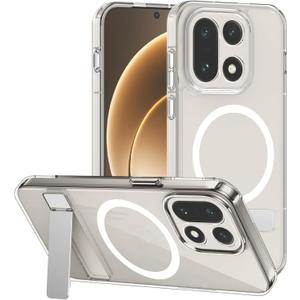 for Oneplus 15 Clear Case Magnetic Compatible with MagSafe, Built-in 2-Way Kickstand [Horizontal & Vertical Stand] Crystal Clear Slim Fit Rugged Phone Cover Shockproof (Clear)
