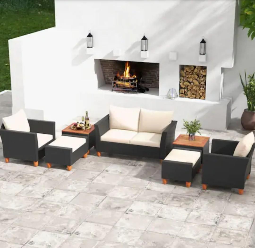 Black 7-Piece Wicker Outdoor Sectional Set with White Cushions