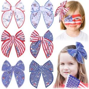 CN 6PCS 4th of July Tulle Hair Bows for Girls, American Flag Bows, Blue Red Stripes Hair Accessories Clips with Glitter Patriotic Stars Alligator Toddler Girls for Independence Day (Type I)