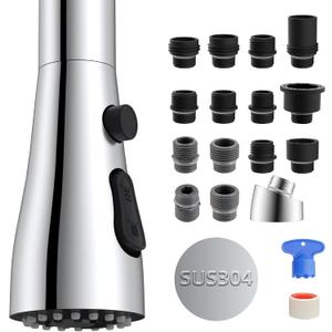 Hibbent Metal Pull Down Spray Head for Kitchen Faucet, Kitchen Sink Spray Nozzle with 15 Adapters, Faucet Head Replacement Compatible with Moen, American Standard, Delta, Kohler Faucet, Chrome