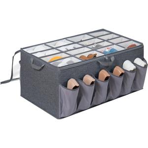 Shoe Organizer for Closet, Shoe Storage Solution with Clear Cover & Adjustable Dividers, Fabric Shoe Box Fits 16 +12 Pairs Shoes, Grey, 1-Pack