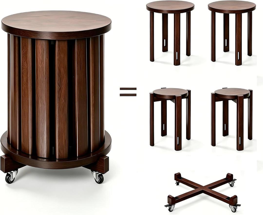 Stackable Dining Stools Set of 4, 18" Solid Wood Nesting Stools with Wheels