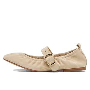 Women's Ruched Ballet Flats Buckle Strap Mary Jane Flat Shoes Slip On Soft Suede Round Toe Comfort Ballerina for Casual Dress(Natural, 6)