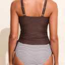 Aleumdr Women's Textured Tankini Swimsuits Tummy Control Ruched U-Wire Cutout Two Piece Bathing Suits with Bottom (Brown, L)