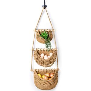 Lawei 3 Tier Hanging Fruit Basket, Wall Hanging Vegetable Fruit Baskets Cotton Woven Storage Baskets for Organizing, BOHO Wall Basket Decor, Over the Door Organizer for Kitchen, Bedroom, Bathroom