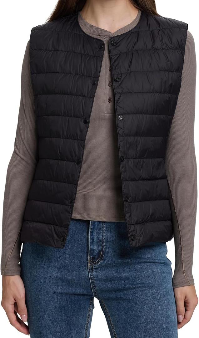 Women's Quilted Lightwight Puffer Vest, Foldable Collarless Down Vests with Storage Bag, Outwear Vests with Pocket (Large, Black)