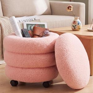 Lounsweer Pink Round Storage Ottoman with Swivel Wheels 14 x 16 Inch | Circle Vanity Stool with Storage, Modern Boucle Ottoman Stool, with Removable Lid for Dorm Home Bedroom Living Room, 18.3"D x 14.6"W x 14.2"H