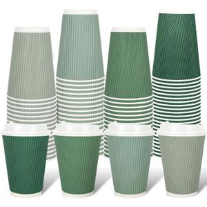 Whaline 100Pcs Sage Green Disposable Coffee Cups with Lids 12oz Gradient Green Paper Cups Corrugated Ripple Wall Insulated Hot Cups for Home Office Party Supplies