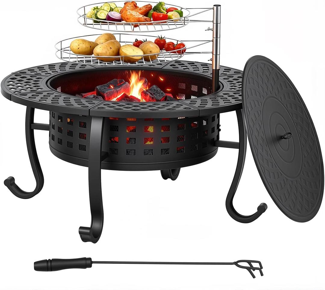 FDW 36 Inch Fire Pit with 2 Adjustable Grills, Wood Burning Fire Pits for Outside with Lid & Fire Poker, BBQ& Outdoor Firepit & Round Metal Table 3 in 1 for Patio, Picnic, Party