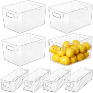 Hudgan Set of 8 Clear Plastic Storage Bins 4 Large and 4 Small Stackable Storage Containers for Pantry Organizers and Kitchen Storage, Cabinet, Freezer, Under Sink Organization