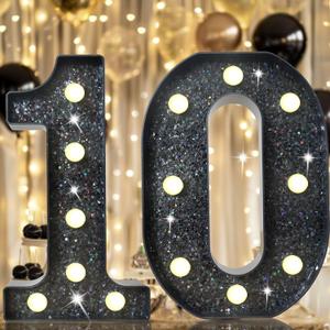 8.8" Decorative LED Light Up Numbers, Glitter Marquee Number Sign for 10th Birthday Party Wedding Backdrop Home Bar Wall Decoration, Black Number 10