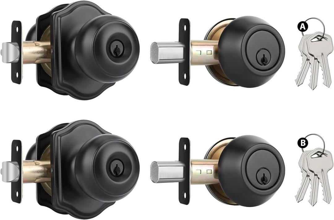 Goldenwarm Matte Black Exterior Door Knob and Single Cylinder Deadbolt, Keyed-Different Entry Locksets with Lock and Key 2 Pack Set