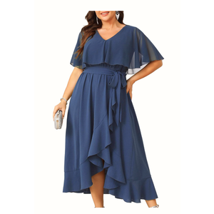 Women Plus Size Long Formal Dress Short Sleeve Chiffon Ruffle V Neck High Low Split Wedding Guest Maxi Dresses,18 W