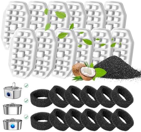 DOOOB Cat Water Fountain Filters, 12 Packs, Compatible with 3.2L/108oz Stainless Steel Cat Fountain, Triple Filtration System, 12 Filters & 12 Sponges