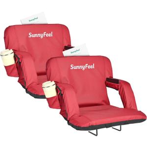 SUNNYFEEL Stadium Seats with Back Support Cushion Wide for Bleachers, Bleacher Chairs with Back and Cushion Padded Portable, Stadium Chairs with 5 Hidden Pockets (Red-2 Pack, Regular Wide 21.26'')