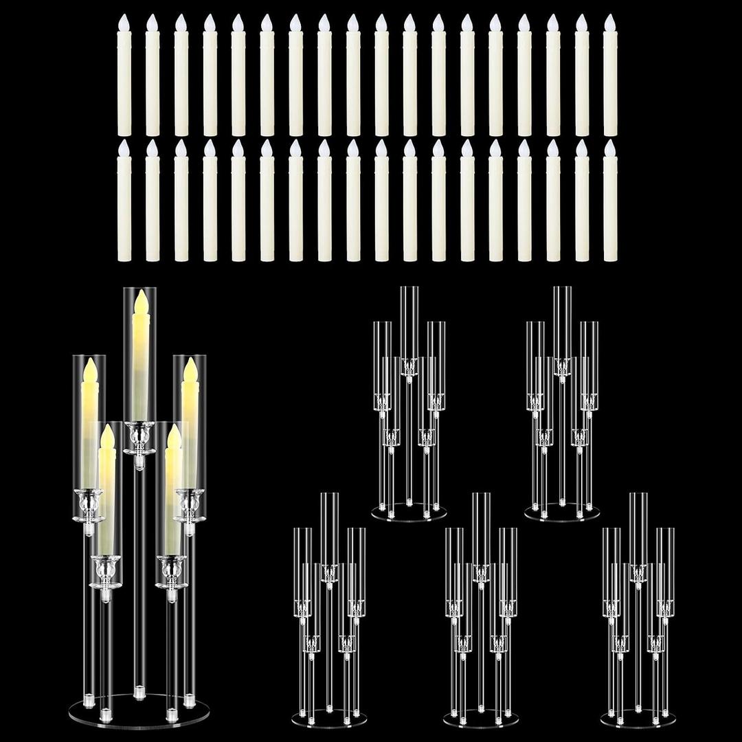 6 Set 5 Arms Acrylic Candelabra Centerpieces for Wedding Table Decorations,Clear Candlesticks Holder with Acrylic Shade for Valentine's Day Dinner Party Fireplace Gift with LED Candle
