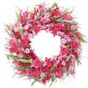 Sggvecsy 21in Artificial Pink Forsythia Wreath Spring Summer Fake Daisy Wreath Handmade Wreath with Daisies Lavender for Gifts Festival Front Door Window Wall Farmhouse Decor