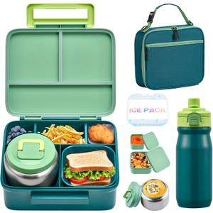 MAISON HUIS Bento Box for Kids with 8 z Soup Thermo, Leak-proof Lunch Food Containers with 5 Compartment, Insulated Lunch Bag & 17oz Stainless Steel Water Bottle for School, Trvael (Green)
