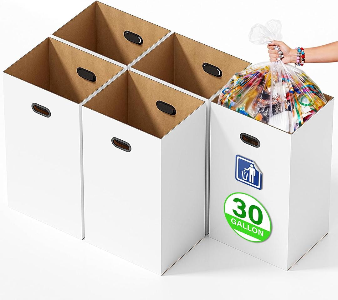 5 Pack Disposable Trash Cans for Parties, 30 Gallon Collapsible Pop Up Trash Can with Handle, Thick Recycled Cardboard Bins for Events, Camping & Parties, Includes 10 Pcs Large Garbage Bags