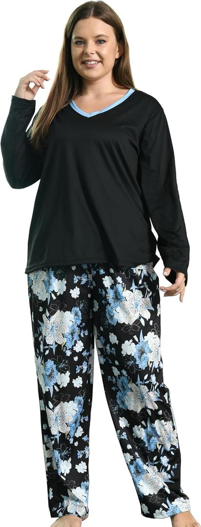 Vozanet Women Plus Size Pajama Sets Sexy V Neck Long Sleeve Long Pants Sleepwear Elegant Floral Patterns Lounge Set Size XL to 5X for Winter Nighty, Black/ Blue Flowers, 4X-Large