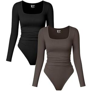 OQQ Womens 2 Piece Bodysuits Long Sleeve Square Neck Ruched Stretch Fitted Bodysuits.XL